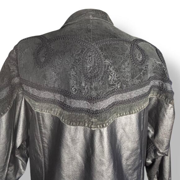 Vintage Wilsons Leather Black Long Trench Coat Suede Embossed Floral Detail - Picture 13 of 16